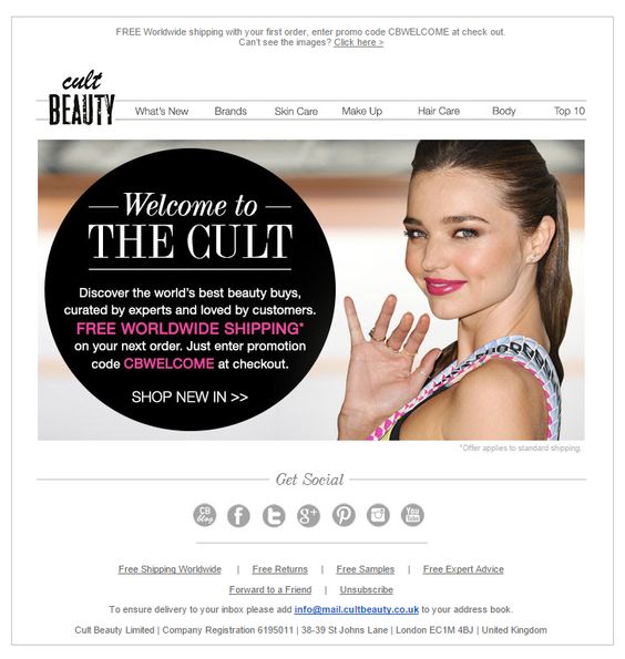 Cult Beauty E-mail de boas-vindas