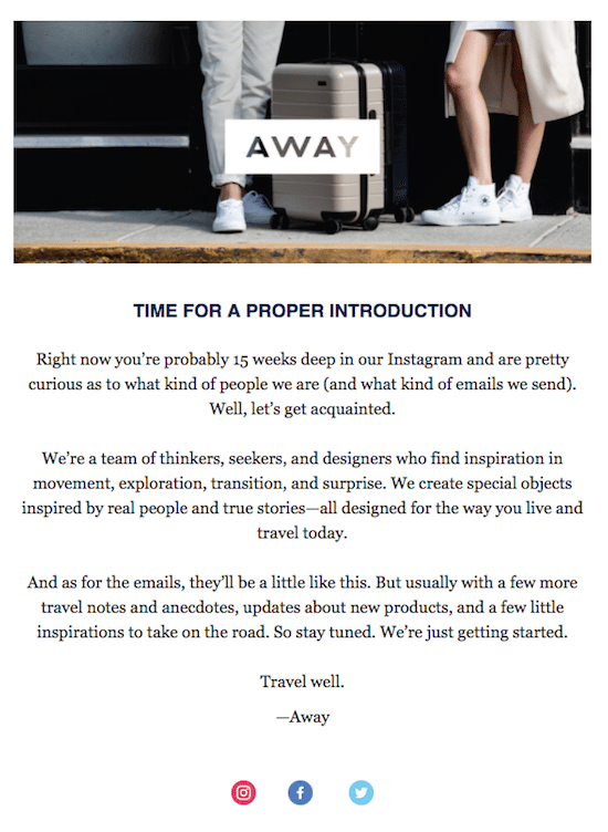 Away Welcome Email Example