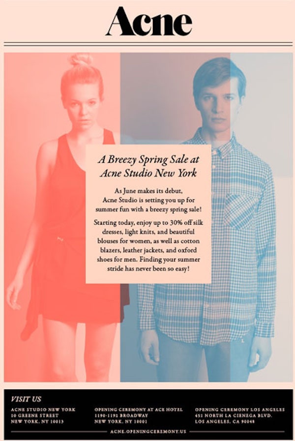 偉大的通訊示例 -Acne 工作室紐約春季銷售