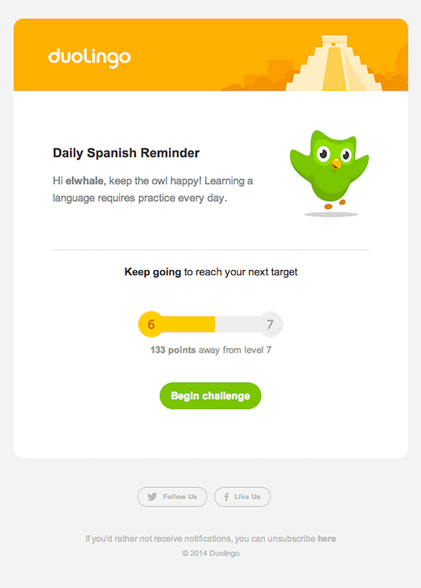 素晴らしいニュースレターの例-Duolingo