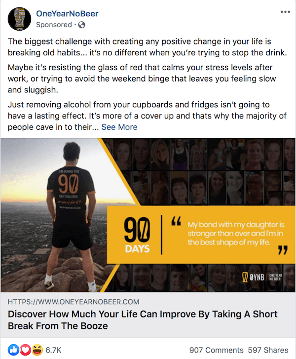 OneYearNoBeer Facebook ad example