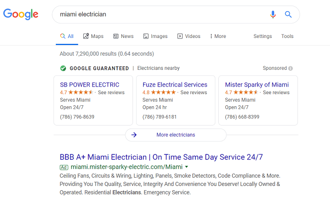 Google Local Services Ads Example - Miami Electricians